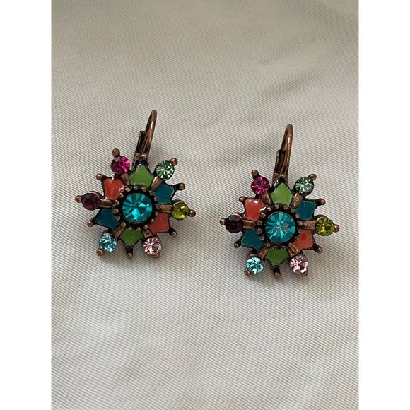 Vintage Colorful Resin Rhinestone Floral Design Pierced Earrings - Picture 2 of 12